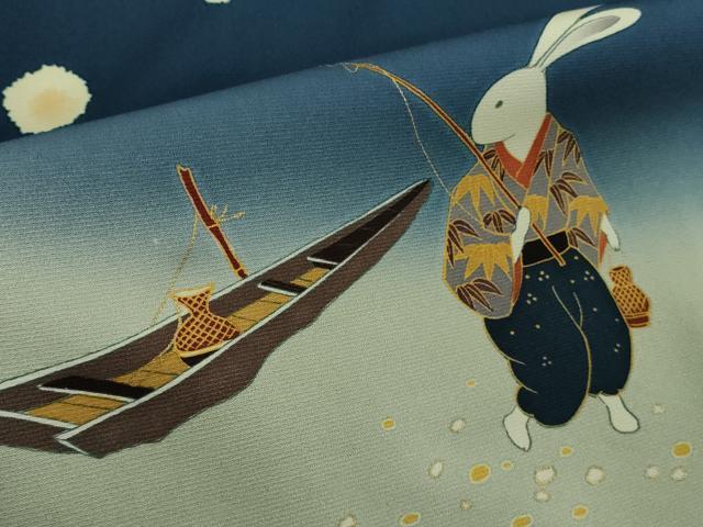 平和屋着物●極上　振袖　日本ものがたり　作家物　兎　うさぎ　浦島太郎　暈し染め　紺青色地　金彩　逸品　DZAB4911kh6