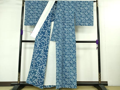 平和屋本店▽希少　人間国宝　染織作家　松原伸生　長板中形　玉藍染　銀座もとじ　小紋　単衣　桜　綿　反端付き　逸品　DZAB4917kh6