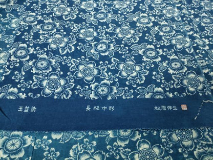 平和屋本店▽希少　人間国宝　染織作家　松原伸生　長板中形　玉藍染　銀座もとじ　小紋　単衣　桜　綿　反端付き　逸品　DZAB4917kh6