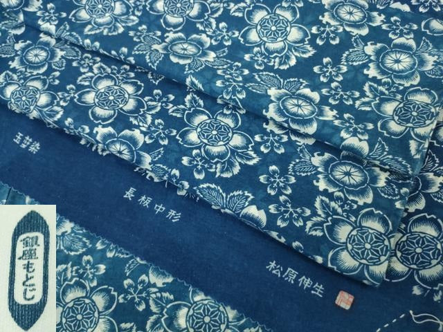 平和屋本店▽希少　人間国宝　染織作家　松原伸生　長板中形　玉藍染　銀座もとじ　小紋　単衣　桜　綿　反端付き　逸品　DZAB4917kh6