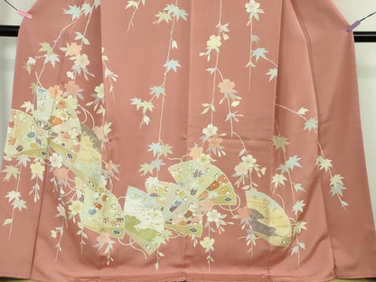 平和屋本店●極上　創業460年・千總 訪問着 駒刺繍　枝垂れ桜　檜扇文　薄紅色地　金彩　松坂屋扱い　ロング丈　逸品　未使用　DZAB4920kh6