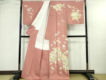 平和屋本店●極上　創業460年・千總 訪問着 駒刺繍　枝垂れ桜　檜扇文　薄紅色地　金彩　松坂屋扱い　ロング丈　逸品　未使用　DZAB4920kh6