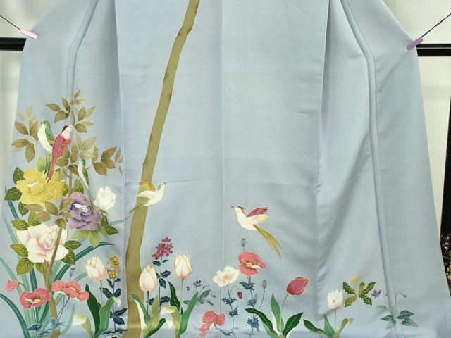 平和屋本店●極上　染刺工芸 大羊居 東京友禅 訪問着　駒刺繍　尾長鳥　チューリップ　草花　淡藤色地　金糸　ロング丈　逸品　DZAB4929kh6