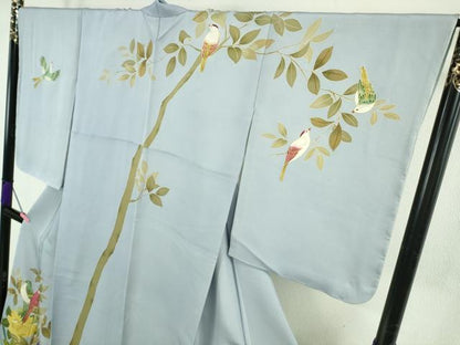 平和屋本店●極上　染刺工芸 大羊居 東京友禅 訪問着　駒刺繍　尾長鳥　チューリップ　草花　淡藤色地　金糸　ロング丈　逸品　DZAB4929kh6