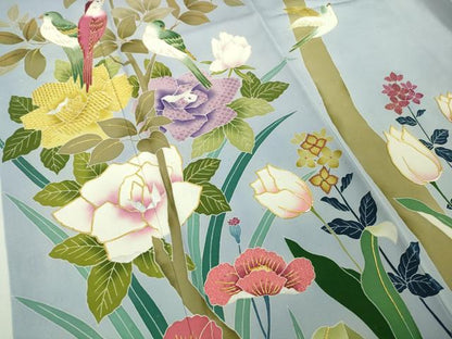 平和屋本店●極上　染刺工芸 大羊居 東京友禅 訪問着　駒刺繍　尾長鳥　チューリップ　草花　淡藤色地　金糸　ロング丈　逸品　DZAB4929kh6