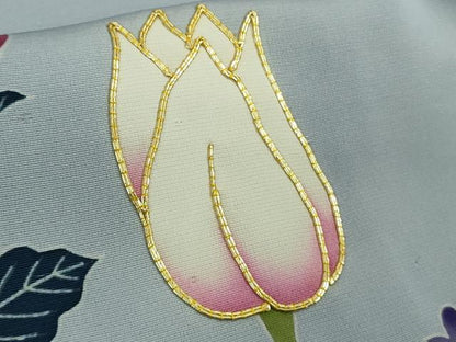 平和屋本店●極上　染刺工芸 大羊居 東京友禅 訪問着　駒刺繍　尾長鳥　チューリップ　草花　淡藤色地　金糸　ロング丈　逸品　DZAB4929kh6
