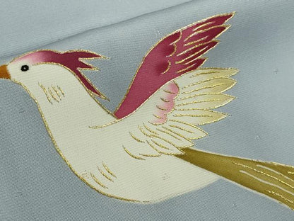 平和屋本店●極上　染刺工芸 大羊居 東京友禅 訪問着　駒刺繍　尾長鳥　チューリップ　草花　淡藤色地　金糸　ロング丈　逸品　DZAB4929kh6
