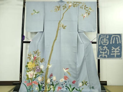 平和屋本店●極上　染刺工芸 大羊居 東京友禅 訪問着　駒刺繍　尾長鳥　チューリップ　草花　淡藤色地　金糸　ロング丈　逸品　DZAB4929kh6