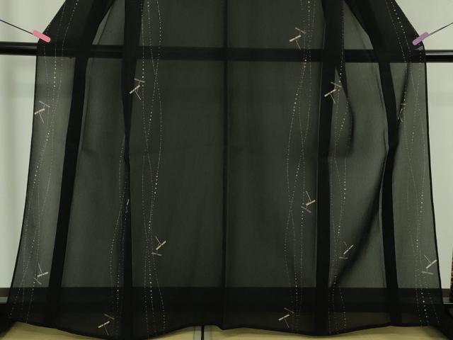 平和屋着物＊極上 夏物 明石ちぢみ 柿渋染 蜻蛉 トンボ 黒地 証紙付き 逸品 DZAB4964kh6