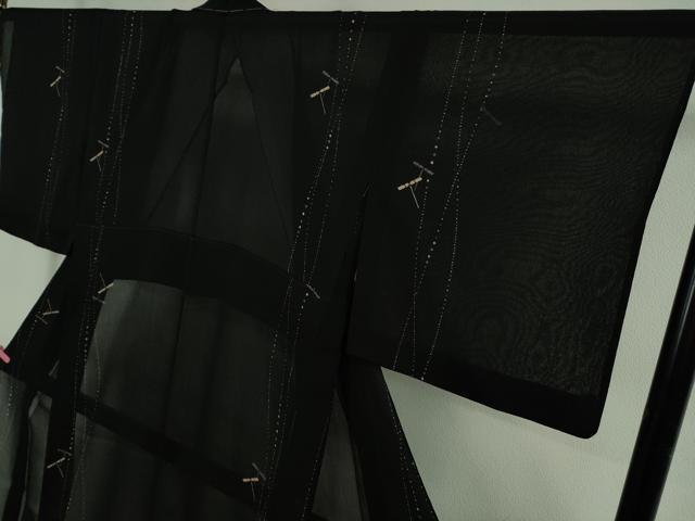 平和屋着物＊極上 夏物 明石ちぢみ 柿渋染 蜻蛉 トンボ 黒地 証紙付き 逸品 DZAB4964kh6