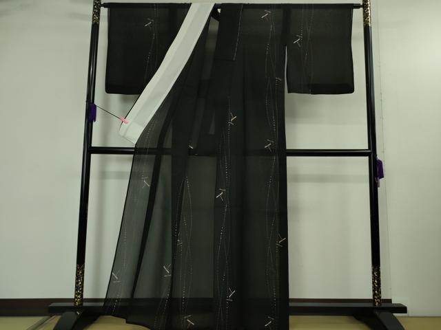 平和屋着物＊極上 夏物 明石ちぢみ 柿渋染 蜻蛉 トンボ 黒地 証紙付き 逸品 DZAB4964kh6