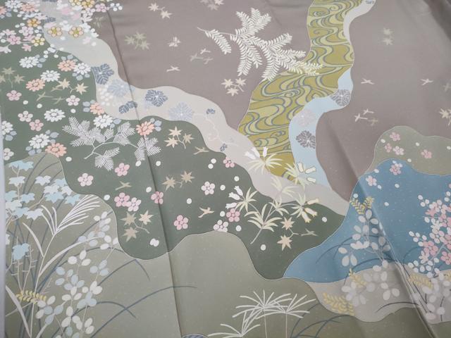 平和屋本店●極上　創業460年・千總　訪問着　刺繍　道長花松葉　枯野色地　大丸扱い　逸品　DZAB4966kh6