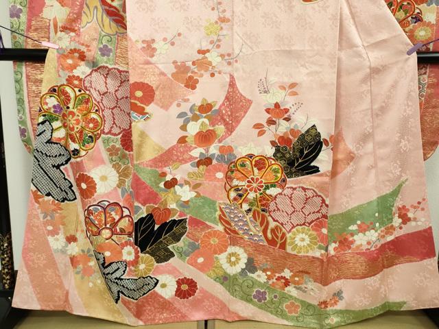 平和屋本店●極上　創業460年・千總　振袖　駒刺繍　絞り　束ね熨斗吉祥花文　虹色地　金彩　大丸扱い　逸品　DZAB4967kh6