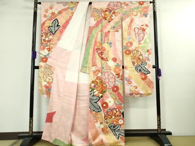平和屋本店●極上　創業460年・千總　振袖　駒刺繍　絞り　束ね熨斗吉祥花文　虹色地　金彩　大丸扱い　逸品　DZAB4967kh6