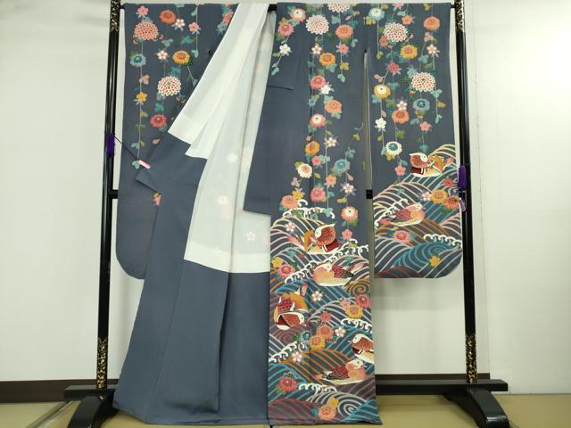 平和屋本店●極上　京加賀友禅　松本健一　振袖　鴛鴦　枝垂れ花　濃い紅掛花色地　逸品　DZAB4968kh6