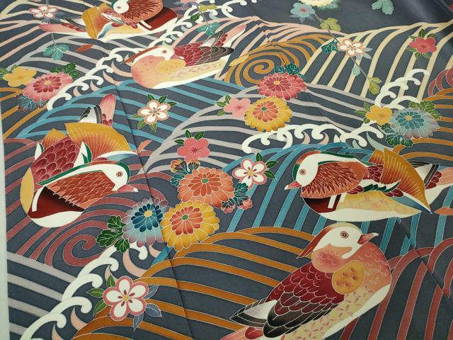 平和屋本店●極上　京加賀友禅　松本健一　振袖　鴛鴦　枝垂れ花　濃い紅掛花色地　逸品　DZAB4968kh6