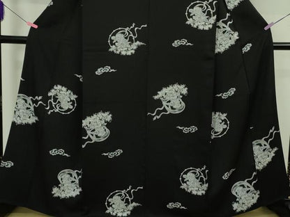 平和屋本店●極上　小紋　風神雷神　黒地　逸品　DZAB4975kh6