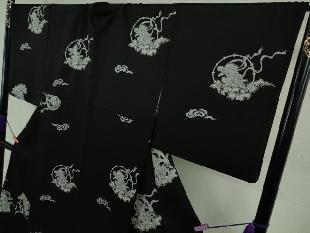 平和屋本店●極上　小紋　風神雷神　黒地　逸品　DZAB4975kh6