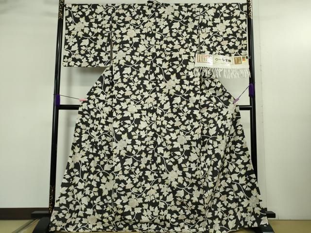 平和屋本店●極上　石川県指定無形文化財　牛首紬　白山工房　手織り　花唐草文　黒地　証紙付き　逸品　DZAB4991kh6