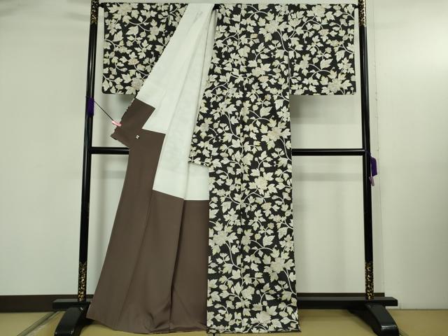 平和屋本店●極上　石川県指定無形文化財　牛首紬　白山工房　手織り　花唐草文　黒地　証紙付き　逸品　DZAB4991kh6