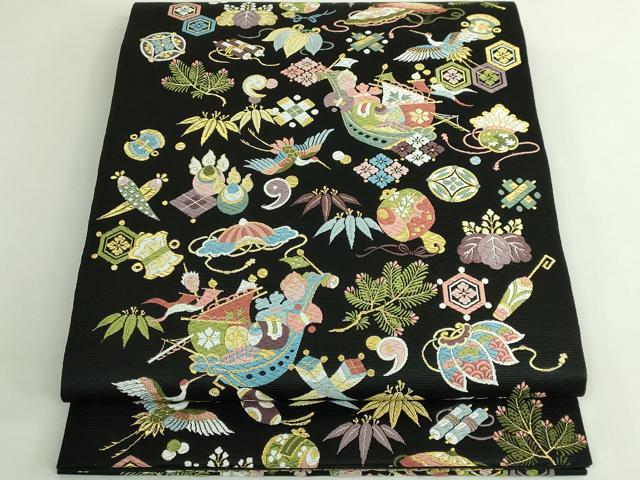平和屋着物●極上　西陣の老舗　1782年創業　山下織物　六通柄袋帯　唐織　宝来船　黒地　金糸　逸品　DZAB5006kh6