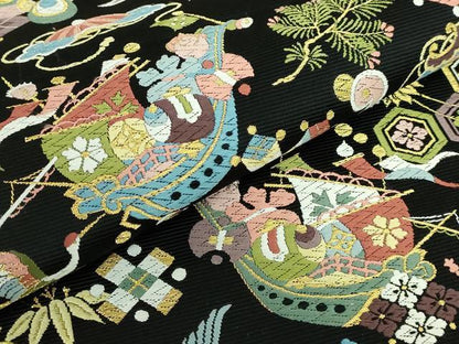 平和屋着物●極上　西陣の老舗　1782年創業　山下織物　六通柄袋帯　唐織　宝来船　黒地　金糸　逸品　DZAB5006kh6