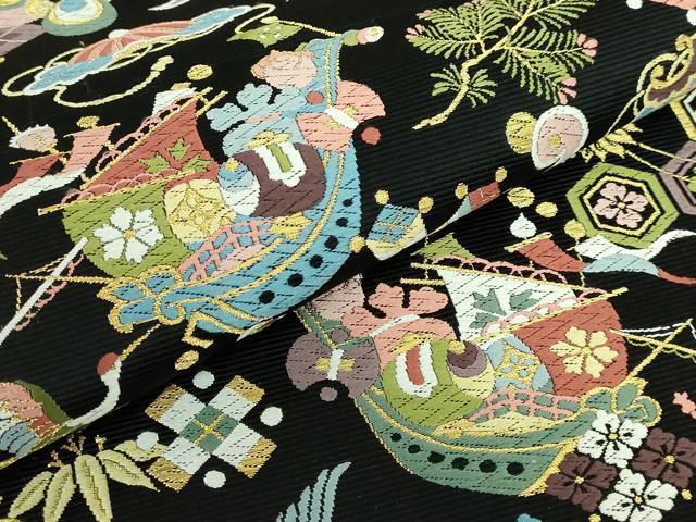 平和屋着物●極上　西陣の老舗　1782年創業　山下織物　六通柄袋帯　唐織　宝来船　黒地　金糸　逸品　DZAB5006kh6