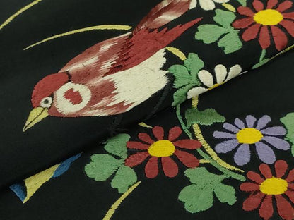 平和屋着物●極上　アンティーク　大正ロマン　九寸名古屋帯　総手刺繍　花鳥文　黒地　逸品　DZAB5021kh6