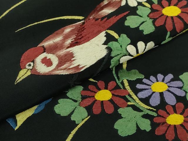 平和屋着物●極上　アンティーク　大正ロマン　九寸名古屋帯　総手刺繍　花鳥文　黒地　逸品　DZAB5021kh6