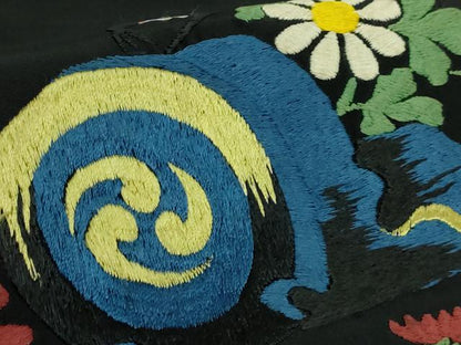 平和屋着物●極上　アンティーク　大正ロマン　九寸名古屋帯　総手刺繍　花鳥文　黒地　逸品　DZAB5021kh6