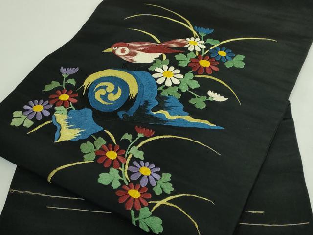 平和屋着物●極上　アンティーク　大正ロマン　九寸名古屋帯　総手刺繍　花鳥文　黒地　逸品　DZAB5021kh6
