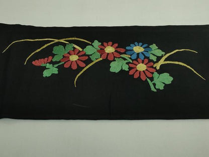 平和屋着物●極上　アンティーク　大正ロマン　九寸名古屋帯　総手刺繍　花鳥文　黒地　逸品　DZAB5021kh6