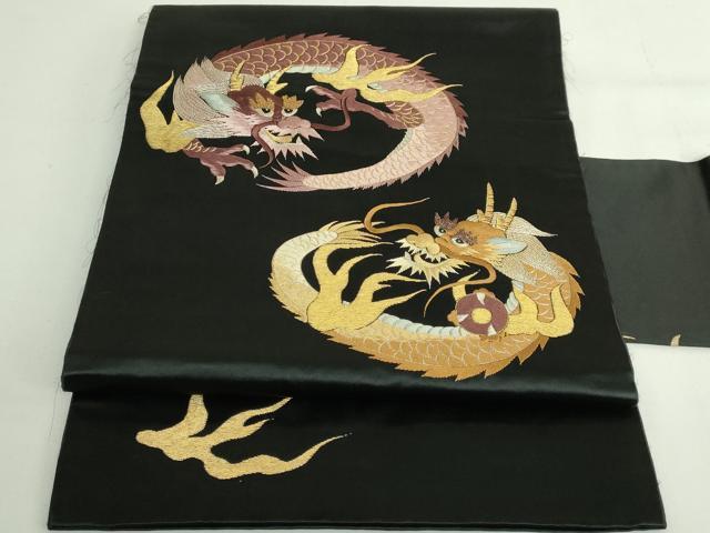 平和屋着物●極上　アンティーク　大正ロマン　九寸名古屋帯　総手刺繍　龍　黒地　銀糸　逸品　DZAB5022kh6