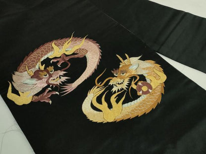 平和屋着物●極上　アンティーク　大正ロマン　九寸名古屋帯　総手刺繍　龍　黒地　銀糸　逸品　DZAB5022kh6
