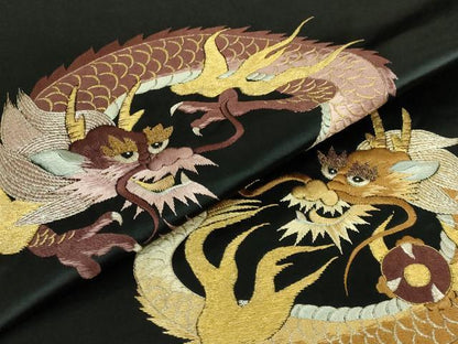 平和屋着物●極上　アンティーク　大正ロマン　九寸名古屋帯　総手刺繍　龍　黒地　銀糸　逸品　DZAB5022kh6