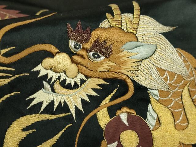 平和屋着物●極上　アンティーク　大正ロマン　九寸名古屋帯　総手刺繍　龍　黒地　銀糸　逸品　DZAB5022kh6