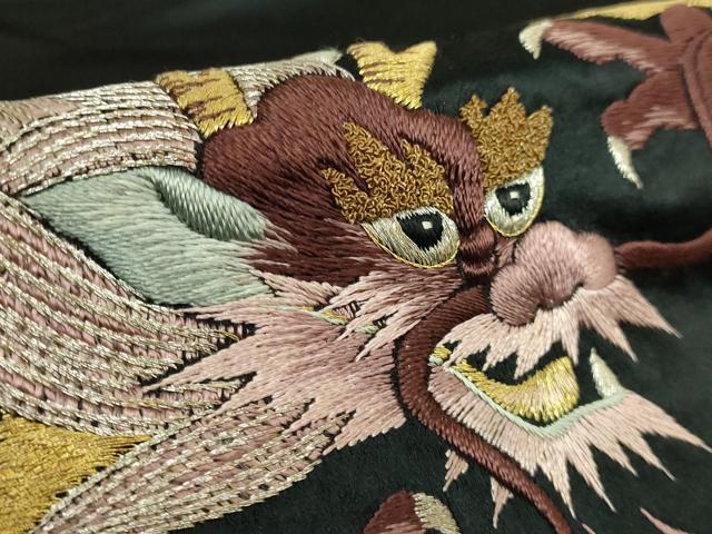 平和屋着物●極上　アンティーク　大正ロマン　九寸名古屋帯　総手刺繍　龍　黒地　銀糸　逸品　DZAB5022kh6