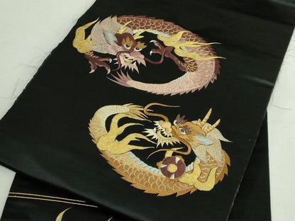 平和屋着物●極上　アンティーク　大正ロマン　九寸名古屋帯　総手刺繍　龍　黒地　銀糸　逸品　DZAB5022kh6