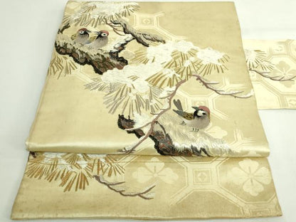 平和屋着物●極上　アンティーク　大正ロマン　九寸名古屋帯　総手刺繍　雪持ち松　雀　金銀糸　逸品　DZAB5023kh6
