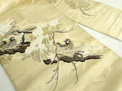 平和屋着物●極上　アンティーク　大正ロマン　九寸名古屋帯　総手刺繍　雪持ち松　雀　金銀糸　逸品　DZAB5023kh6