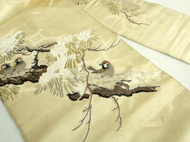 平和屋着物●極上　アンティーク　大正ロマン　九寸名古屋帯　総手刺繍　雪持ち松　雀　金銀糸　逸品　DZAB5023kh6