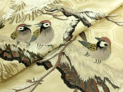 平和屋着物●極上　アンティーク　大正ロマン　九寸名古屋帯　総手刺繍　雪持ち松　雀　金銀糸　逸品　DZAB5023kh6