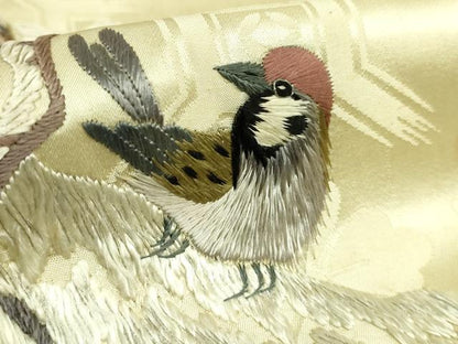 平和屋着物●極上　アンティーク　大正ロマン　九寸名古屋帯　総手刺繍　雪持ち松　雀　金銀糸　逸品　DZAB5023kh6