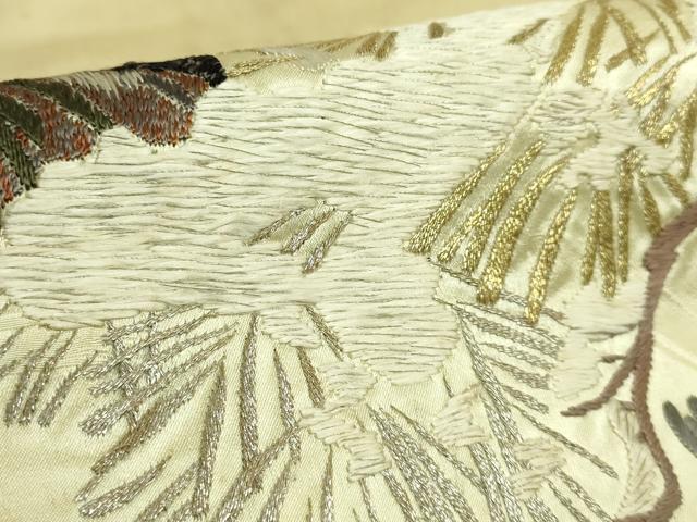 平和屋着物●極上　アンティーク　大正ロマン　九寸名古屋帯　総手刺繍　雪持ち松　雀　金銀糸　逸品　DZAB5023kh6