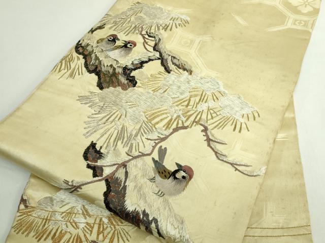 平和屋着物●極上　アンティーク　大正ロマン　九寸名古屋帯　総手刺繍　雪持ち松　雀　金銀糸　逸品　DZAB5023kh6