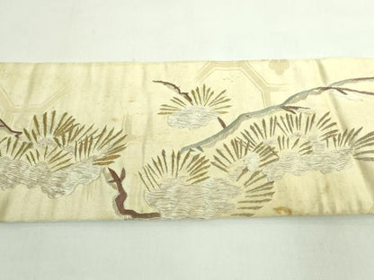 平和屋着物●極上　アンティーク　大正ロマン　九寸名古屋帯　総手刺繍　雪持ち松　雀　金銀糸　逸品　DZAB5023kh6