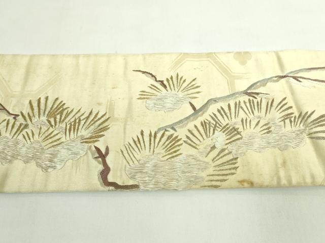 平和屋着物●極上　アンティーク　大正ロマン　九寸名古屋帯　総手刺繍　雪持ち松　雀　金銀糸　逸品　DZAB5023kh6