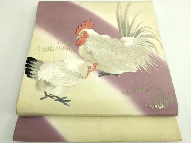 平和屋本店●極上　アンティーク　大正ロマン　太鼓柄袋帯　総手刺繍　ニワトリ　鶏　逸品　DZAB5026kh6