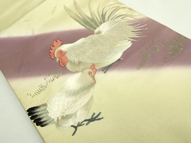 平和屋本店●極上　アンティーク　大正ロマン　太鼓柄袋帯　総手刺繍　ニワトリ　鶏　逸品　DZAB5026kh6