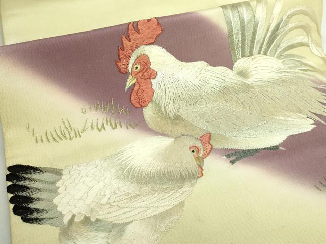 平和屋本店●極上　アンティーク　大正ロマン　太鼓柄袋帯　総手刺繍　ニワトリ　鶏　逸品　DZAB5026kh6